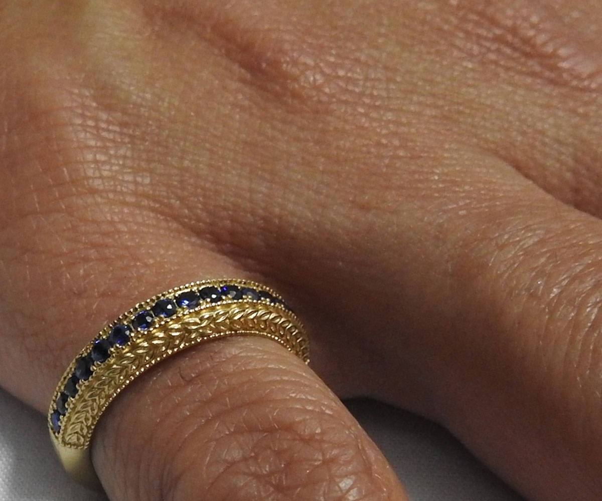 Sapphire Wedding band Half Eternity 17th Anniversary Micro pave 18K White or Yellow gold