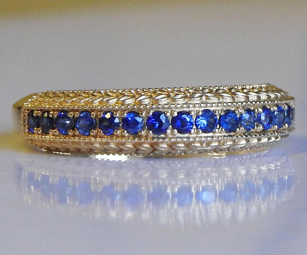 Sapphire Wedding band Half Eternity 17th Anniversary Micro pave 18K White or Yellow gold