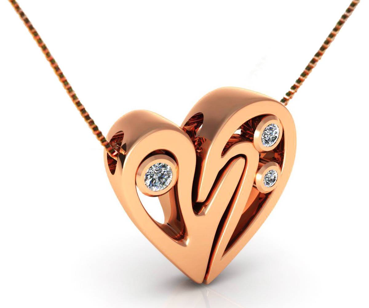 Rose Gold Diamond Heart Pendant, Heavy Pendant 14K Gold