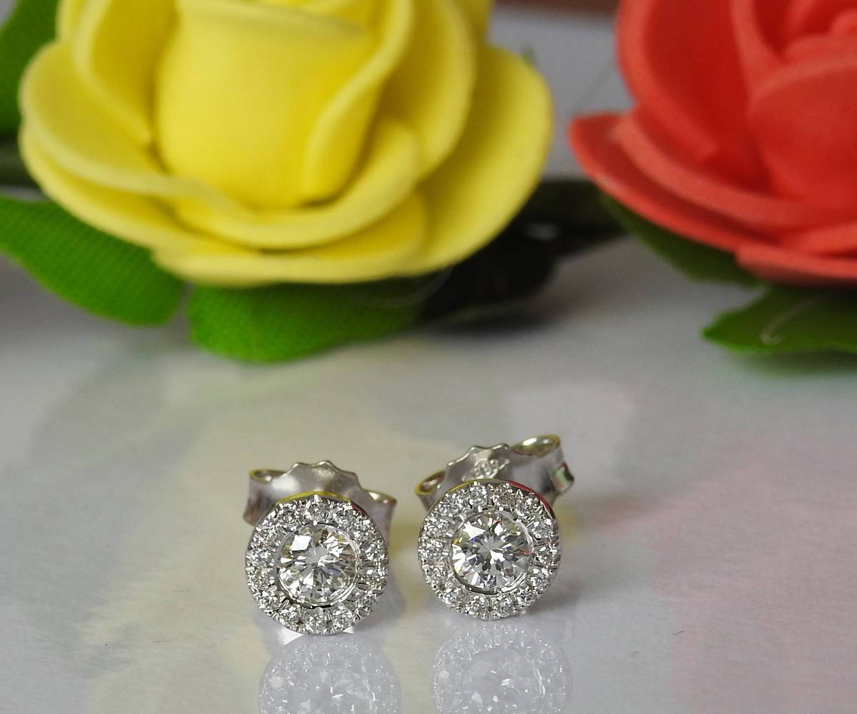 Circle Earrings Stud Earrings Diamond Gold Earrings Sun Earrings Birthday Earrings Victorian Halo 14K or 18K White gold Wedding Earrings