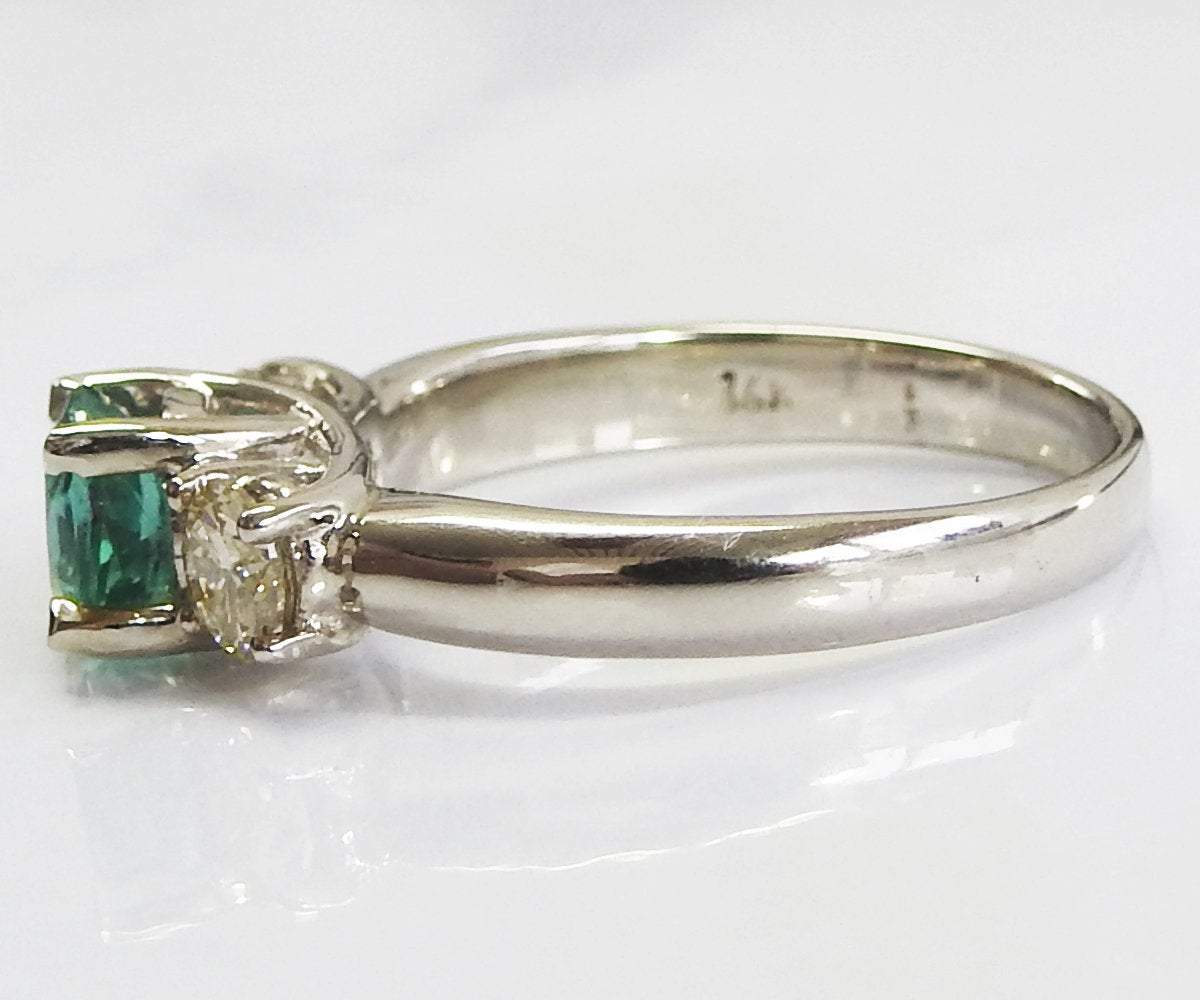 Vintage 3 stone Ring Emerald Ring Diamond Ring Gold ring Engagement Ring  Art deco Ring Promise Ring, Blueish Green
