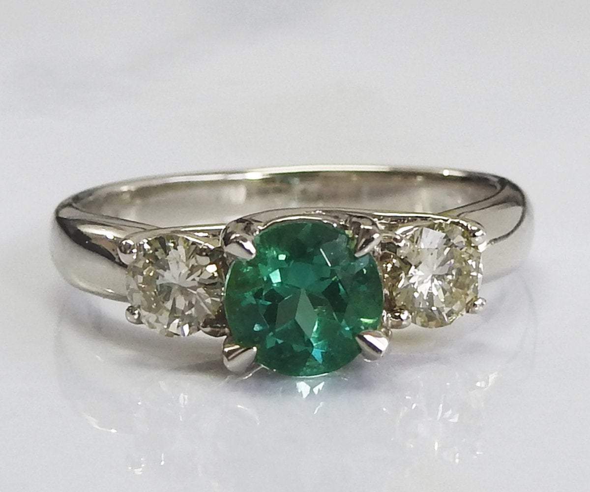 Vintage 3 stone Ring Emerald Ring Diamond Ring Gold ring Engagement Ring  Art deco Ring Promise Ring, Blueish Green