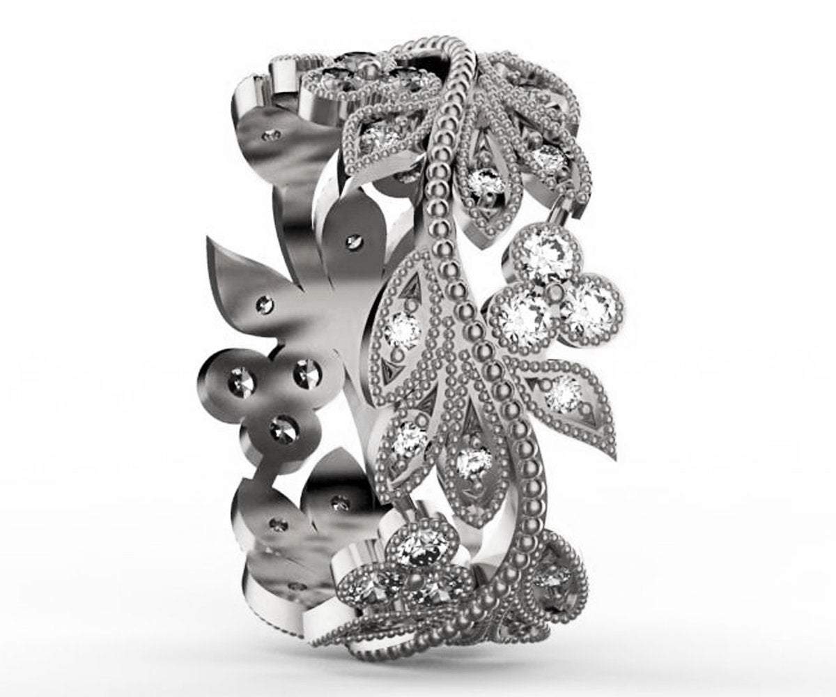 Wide Leaves Band Filigree Ring 18K White Gold Milgrain Ring Branch Ring Twig Band for the one that you Love so much