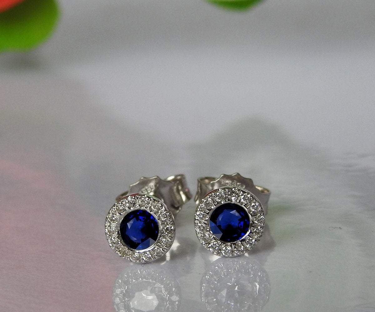 Sapphire Studs Halo Earrings surrounded with Diamonds Birthday Gift Minimalist Earrings Sunflowers Earrings 14K or 18K White gold