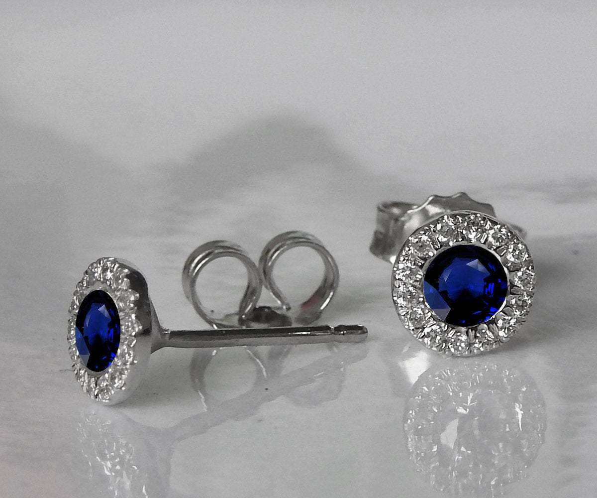 Sapphire Studs Halo Earrings surrounded with Diamonds Birthday Gift Minimalist Earrings Sunflowers Earrings 14K or 18K White gold