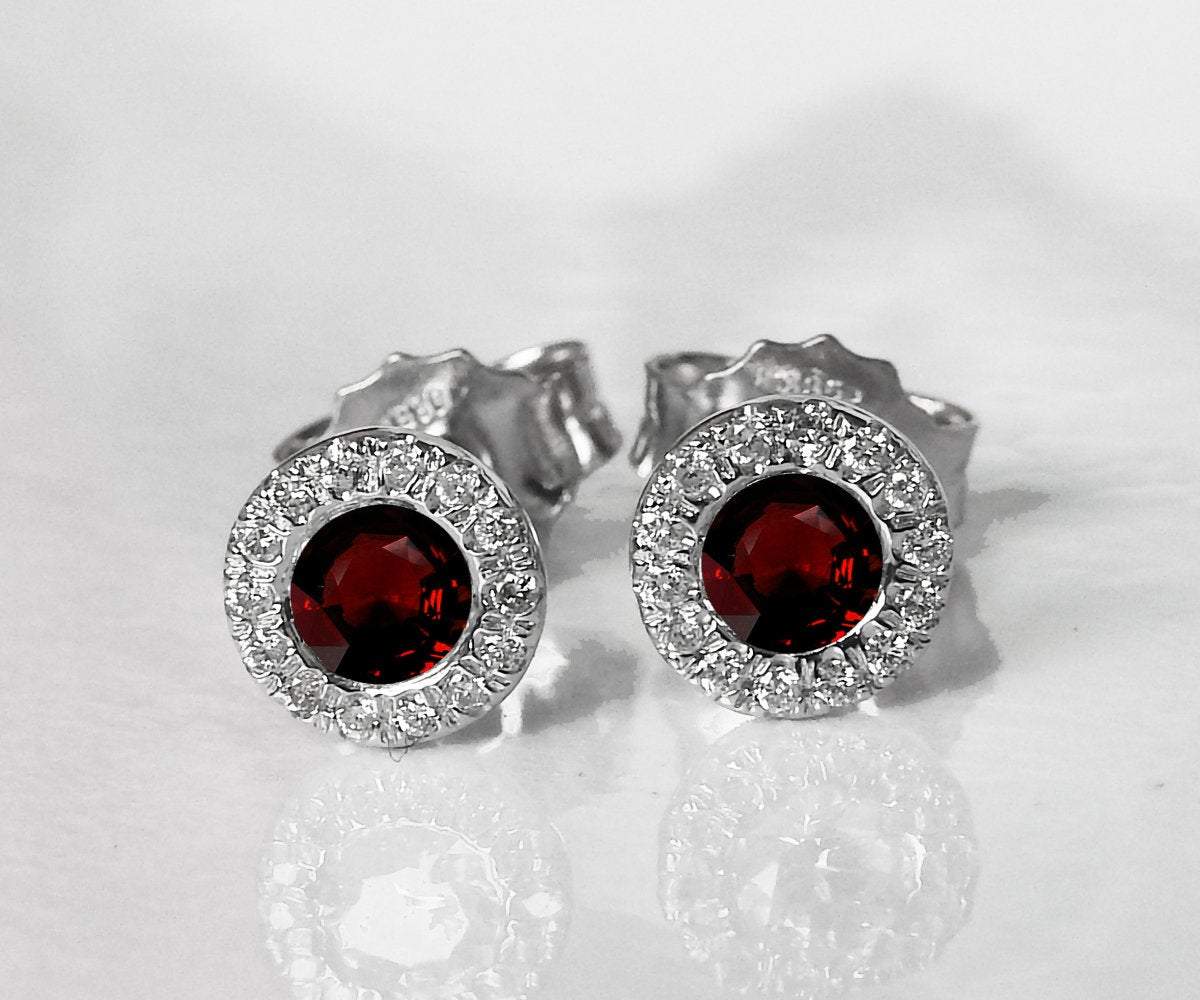 Ruby Studs Halo Earrings surrounded with Diamonds Birthday Gift Minimalist Earrings Sunflowers Earrings 14K or 18K White gold