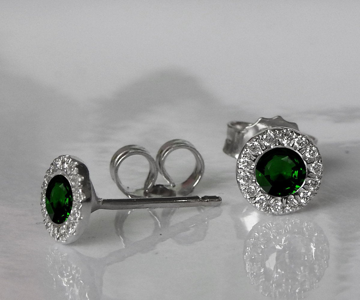 Emerald Studs Halo Earrings surrounded with Diamonds Birthday Gift Minimalist Earrings Sunflowers Earrings 14K or 18K White gold