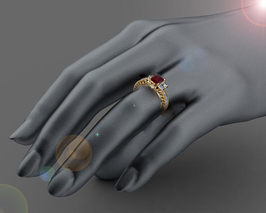 Ruby Gold ring Unique Ruby Diamond Engagement ring 3-stone Ring channel trellis Engraved 18K White Yellow or Rose gold Jewelry