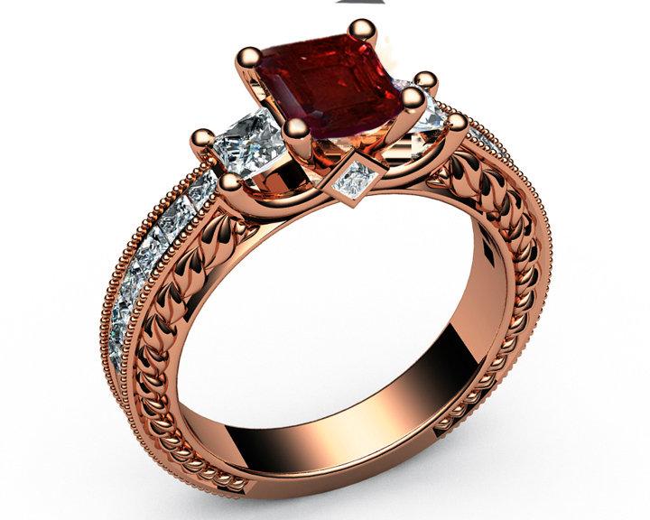 Ruby Gold ring Unique Ruby Diamond Engagement ring 3-stone Ring channel trellis Engraved 18K White Yellow or Rose gold Jewelry