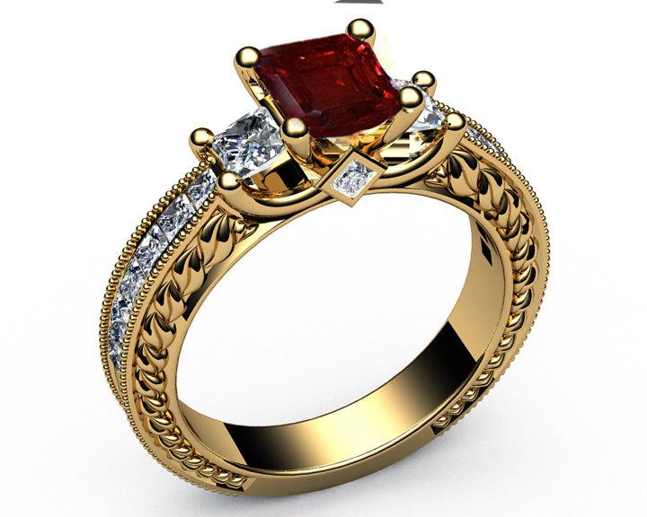 Ruby Gold ring Unique Ruby Diamond Engagement ring 3-stone Ring channel trellis Engraved 18K White Yellow or Rose gold Jewelry