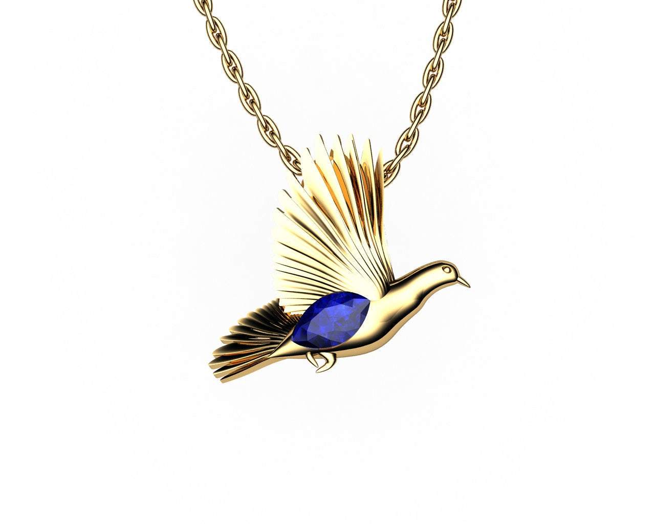 Bird Pendant Minimalist pendant 14K yellow gold Blue Pendant Wings Pendant Peace Bird Sapphire Pendant Marquise stone including chain