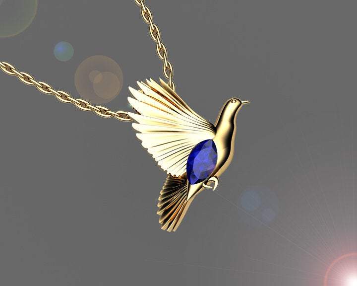 Bird Pendant Minimalist pendant 14K yellow gold Blue Pendant Wings Pendant Peace Bird Sapphire Pendant Marquise stone including chain
