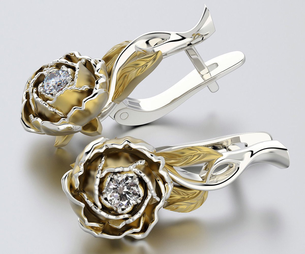 14K Leaves Earrings, Flower Earrings with Diamonds, Floral Leverback Earrings Filigree Earrings Milgrain Earrings