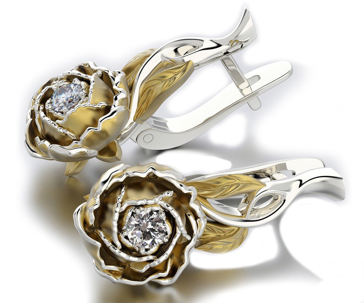 14K Leaves Earrings, Flower Earrings with Diamonds, Floral Leverback Earrings Filigree Earrings Milgrain Earrings
