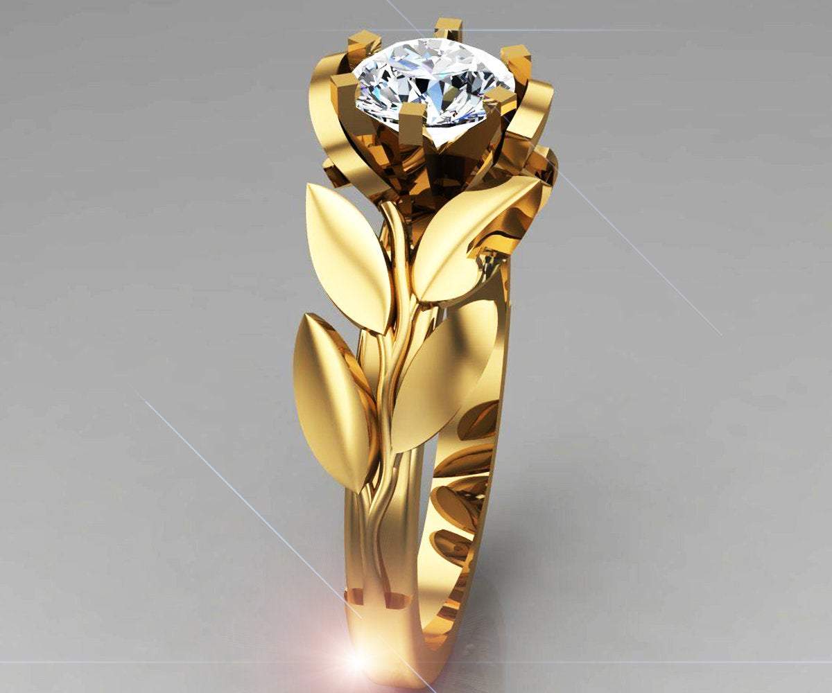 Leaves Engagement Ring Art Nouveau Diamond Flower Ring Leaves Ring Branch Ring Unique Engagement Flower Jewelry