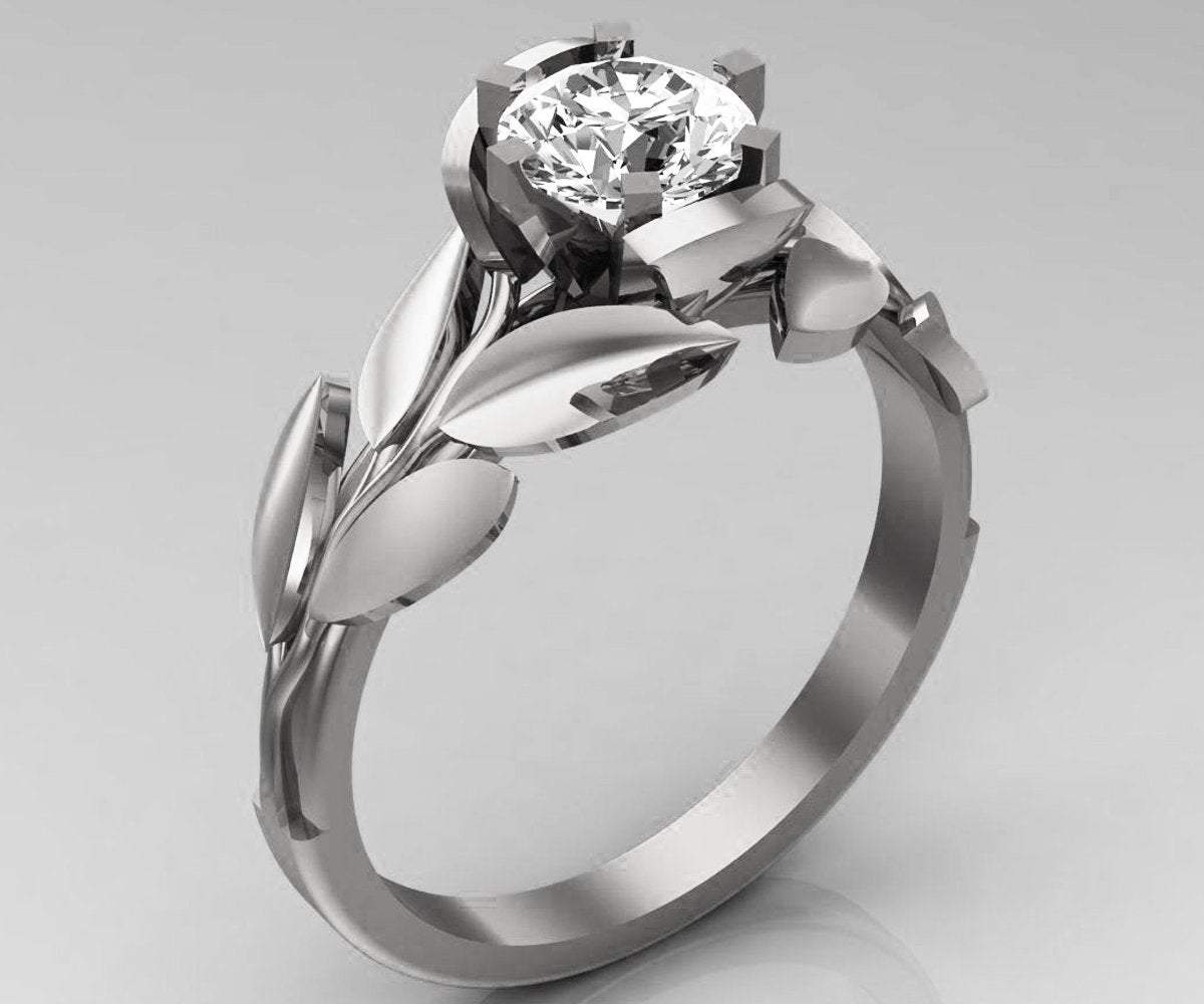Leaves Engagement Ring, White Gold and Diamond engagement ring, engagement ring, filigree, antique, art nouveau, vintage
