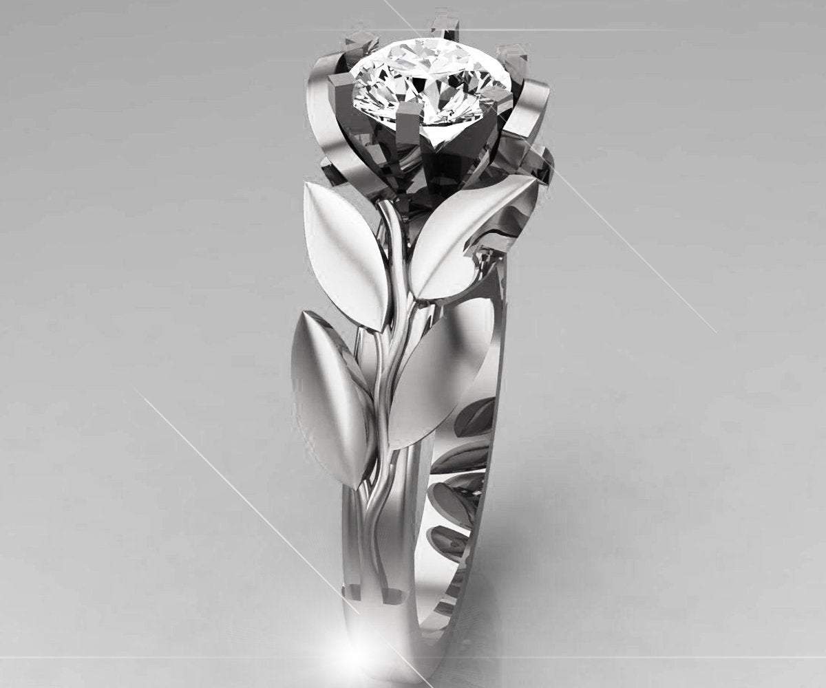 Leaves Engagement Ring, White Gold and Diamond engagement ring, engagement ring, filigree, antique, art nouveau, vintage