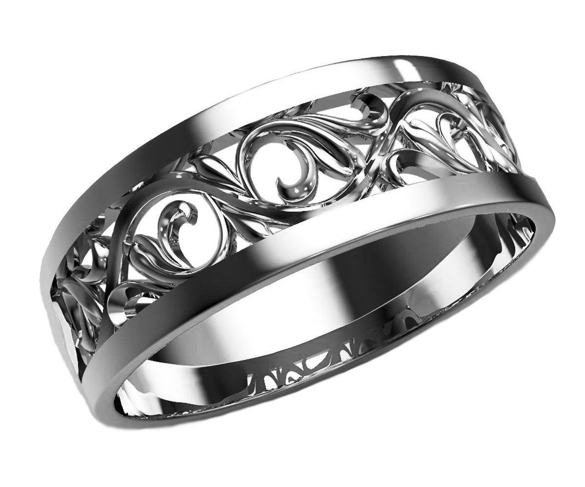 Milgrain Wedding Band Filigree Wedding Ring Band Milgrain gold ring Flower band floral ring in 14K or 18K white gold with 6 accents - Lianne Jewelry