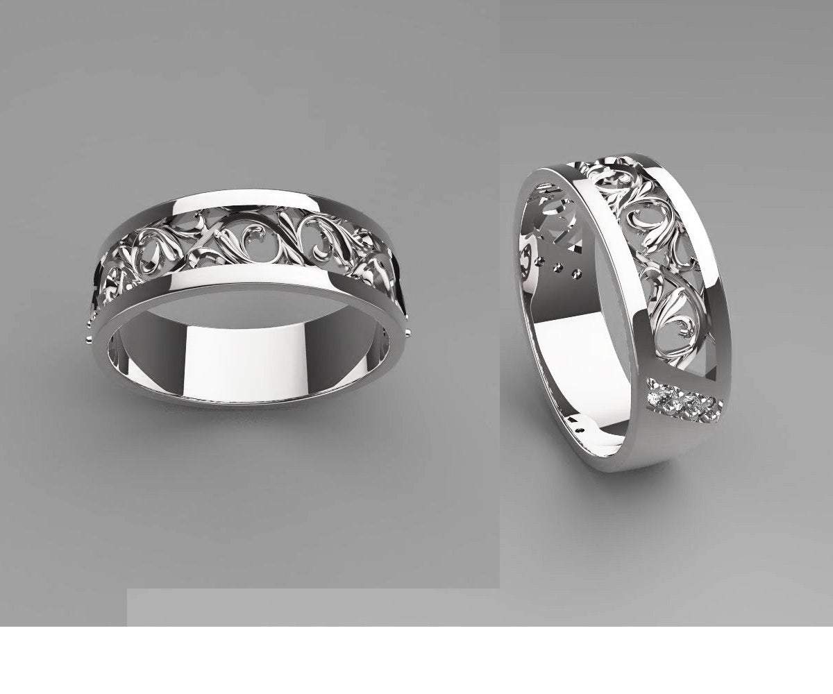 Milgrain Wedding Band Filigree Wedding Ring Band Milgrain gold ring Flower band floral ring in 14K or 18K white gold with 6 accents