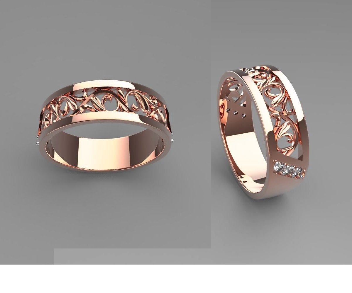Filigree Wedding Band Milgrain gold ring Flower band floral ring Birthday Gift  in 14K or 18K Rose gold 6 accents
