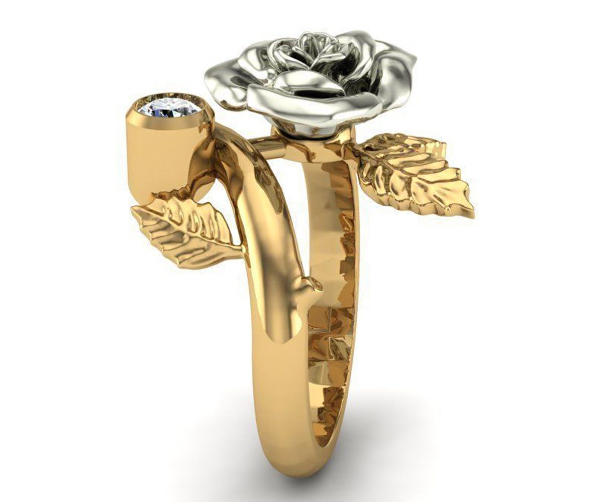Rose Engagement Ring, Rose Leaf Ring, Unique Floral Engagement Ring, 2 Tone Ring, Gold Ring Flower, Floral Engagement Ring White Gold