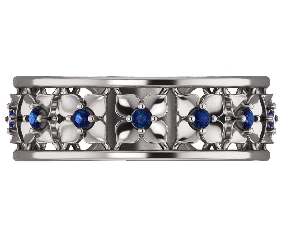 Plumeria Ring 11th Anniversary Ring, Leaves ring, Blue Flower, White Gold Eternity Wedding band, Filigree band, Love Ring, Blue Floral Jewel - Lianne Jewelry
