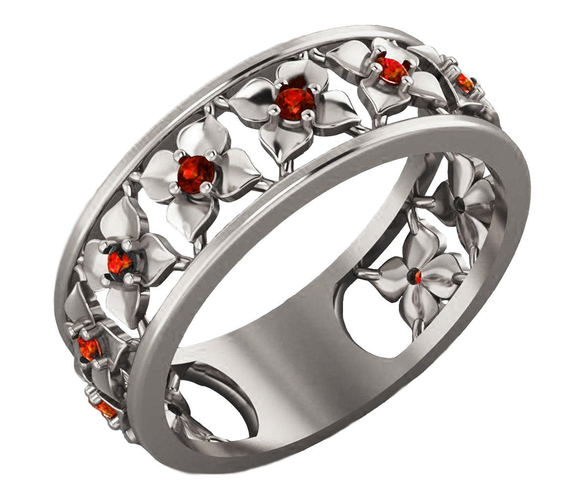White Gold Red Flower Eternity Wedding band Ring Leaf ring Filigree band Friendship Red Floral Jewelry Width 6.9 mm