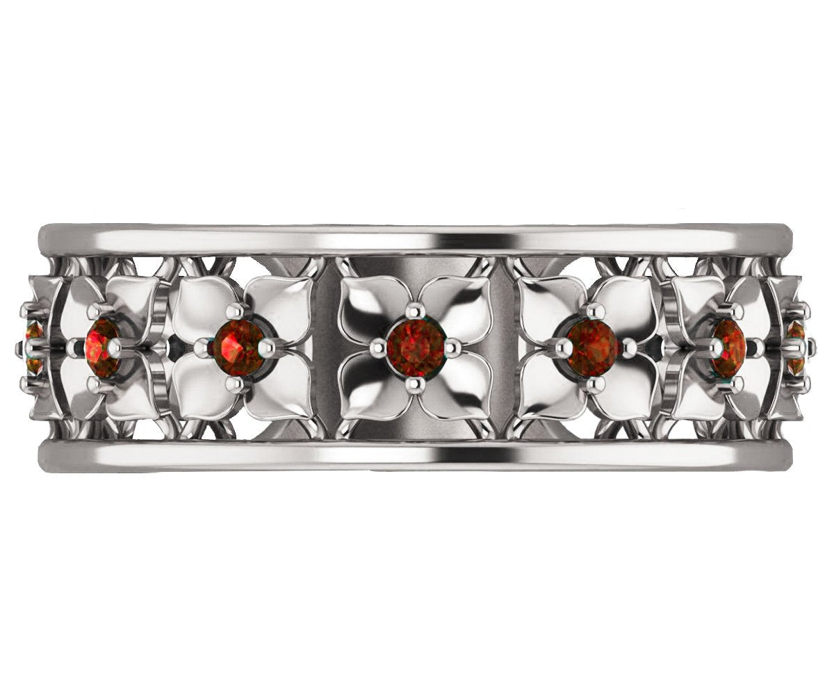 White Gold Red Flower Eternity Wedding band Ring Leaf ring Filigree band Friendship Red Floral Jewelry Width 6.9 mm - Lianne Jewelry