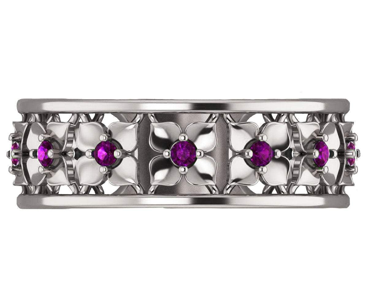 Amethyst Flower Band, Purple Band, Botanical Band, Gold Floral Band Ring, White Gold Floral Wedding Band, Cute Flower Rings - Lianne Jewelry
