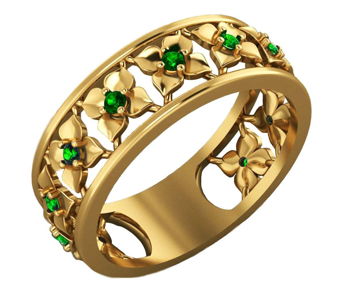 Plumeria Ring Flower Wedding band Ring, Leaves ring, Filigree band, Green Floral Ring