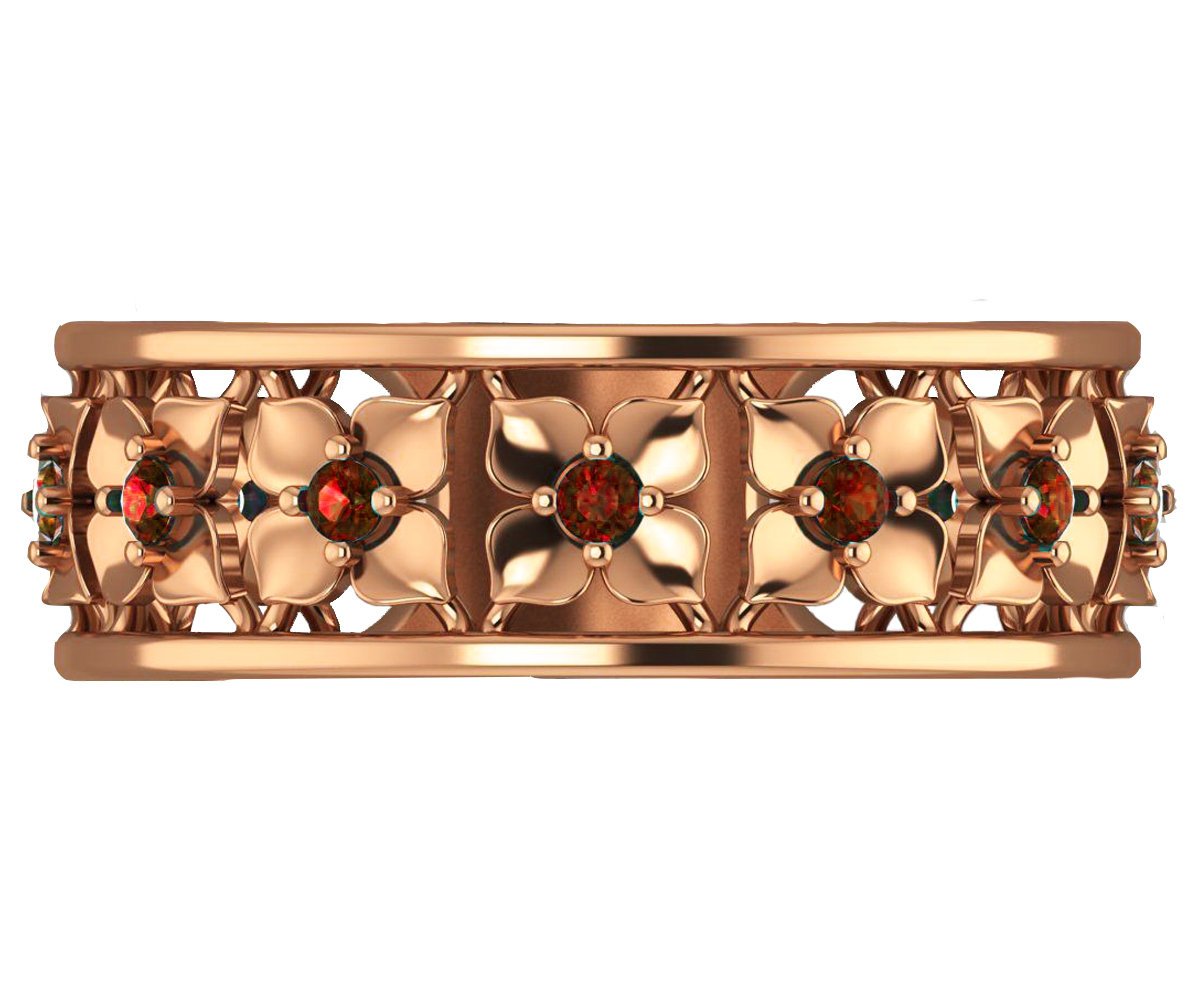 Rose Gold Red Flower Eternity Wedding band Ring Leaf ring Filigree band Victorian Flower Band Friendship Red Floral Jewelry Width 6.9 mm - Lianne Jewelry