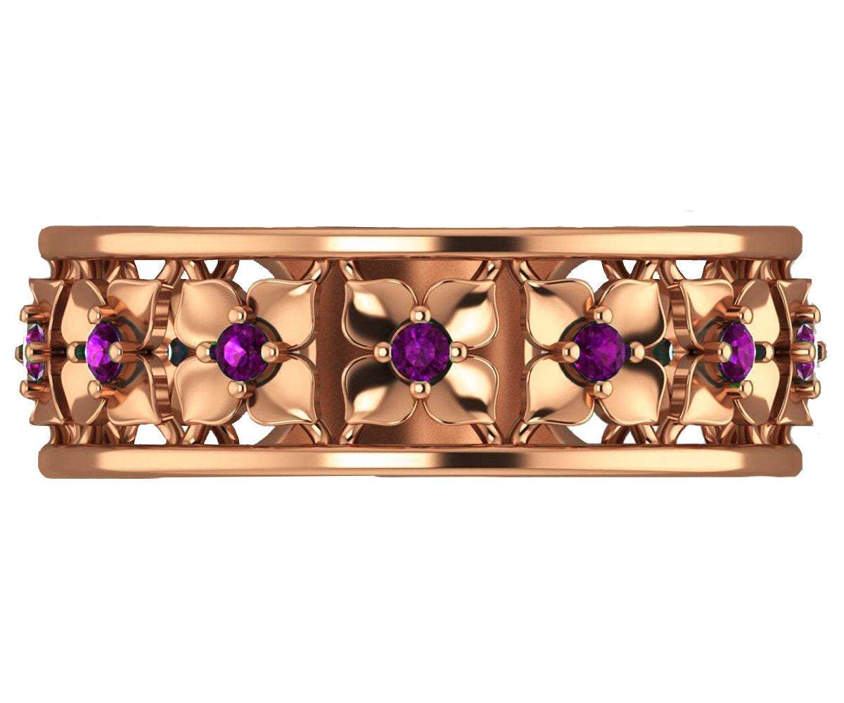 Amethyst Rose Gold Wedding Purple Flower Eternity Wedding band Ring Art Nouveau Leaf ring Filigree band Purple Floral Jewelry Wedding gift - Lianne Jewelry