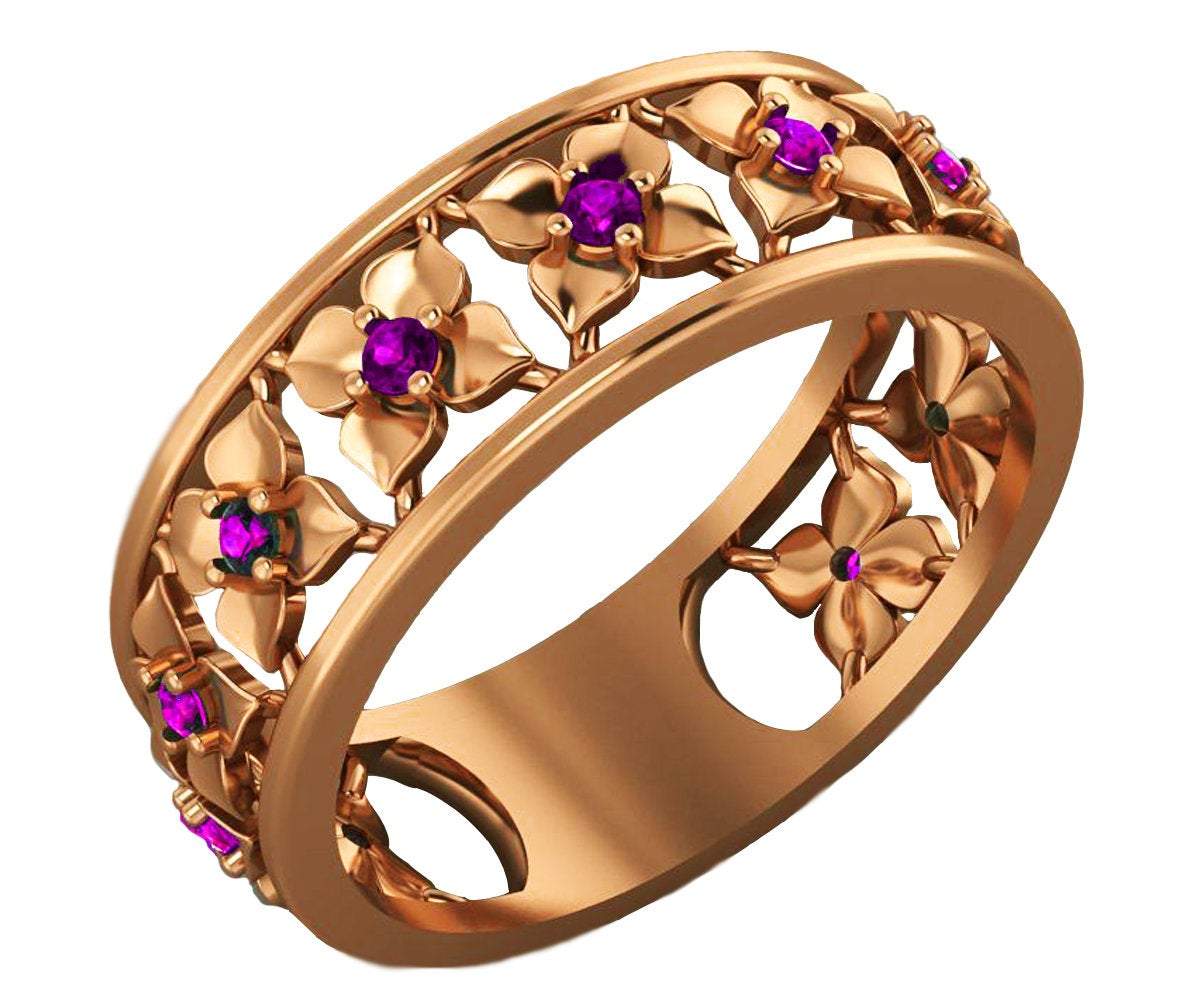 Amethyst Rose Gold Wedding Purple Flower Eternity Wedding band Ring Art Nouveau Leaf ring Filigree band Purple Floral Jewelry Wedding gift