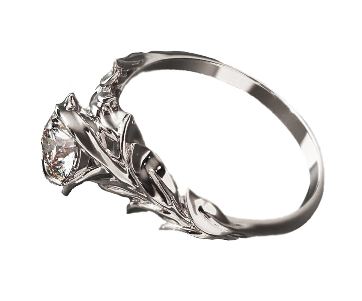 Leaf Engagement Ring, White Gold Solitaire Ring, Flower Ring, Leaves Ring, Branch Ring, Art Nouveau Flower ring, Jewelry Engagement