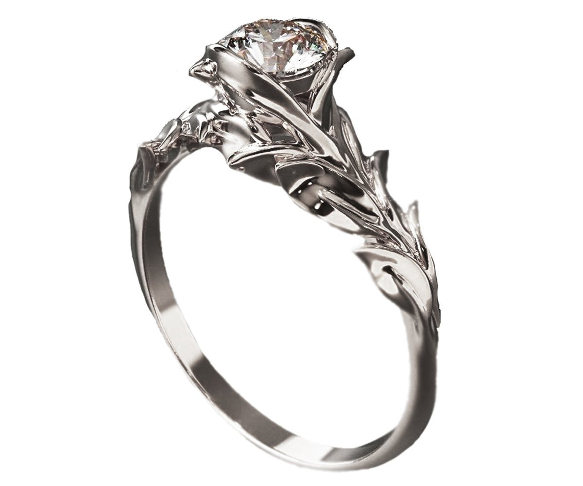 Leaf Engagement Ring, White Gold Solitaire Ring, Flower Ring, Leaves Ring, Branch Ring, Art Nouveau Flower ring, Jewelry Engagement