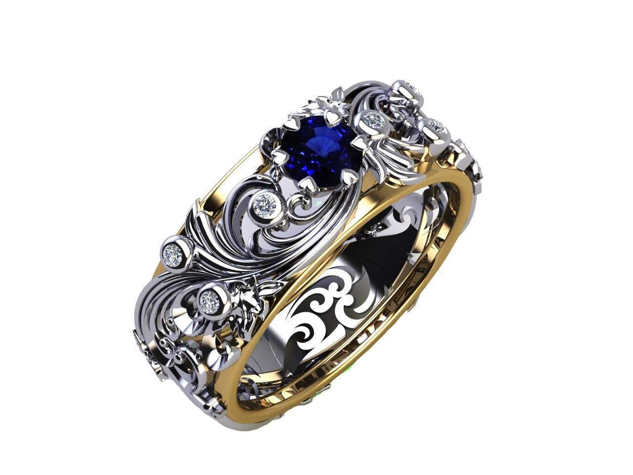 Gold ring Edwardian Sapphire ring Sapphire Ring Diamond Ring Milgrain Ring Art Nouveau unique Ring Engraved Ring Flower Band Leaves