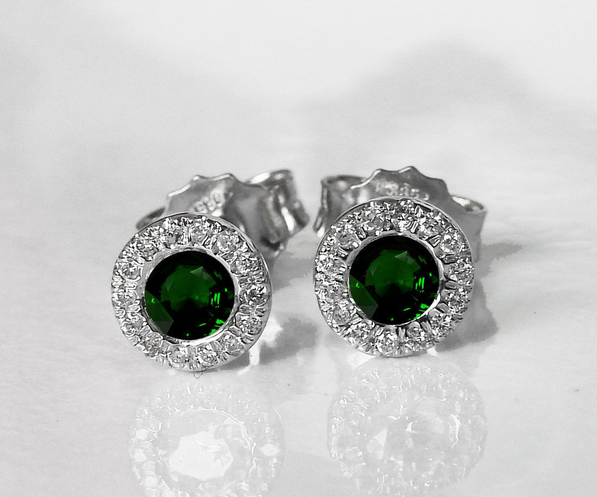Emerald Studs Halo Earrings surrounded with Diamonds Birthday Gift Minimalist Earrings Sunflowers Earrings 14K or 18K White gold - Lianne Jewelry