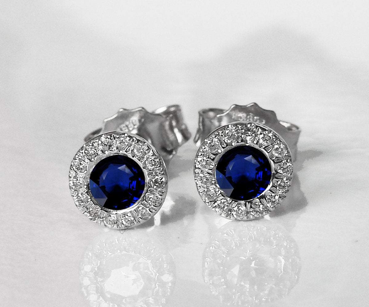 Sapphire Studs Halo Earrings surrounded with Diamonds Birthday Gift Minimalist Earrings Sunflowers Earrings 14K or 18K White gold - Lianne Jewelry