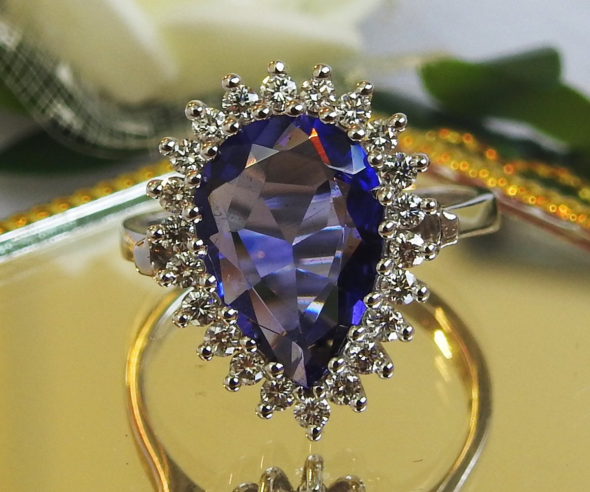 14K Tanzanite Engagement Ring, Pear shape Purple Gemstone surrounded with Diamonds