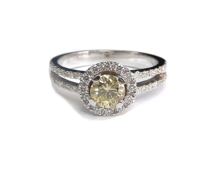 Vintage Diamond ring Gold ring Unique 0.43 carat Fancy Yellow Diamond in double shank Pave ring in White gold - Lianne Jewelry