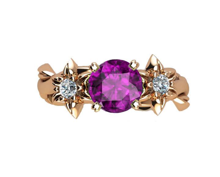 Filigree Mother to bride ring Gold ring Amethyst Ring Art Nouveau unique ring Solid Gold Flower design in Rose gold - Lianne Jewelry