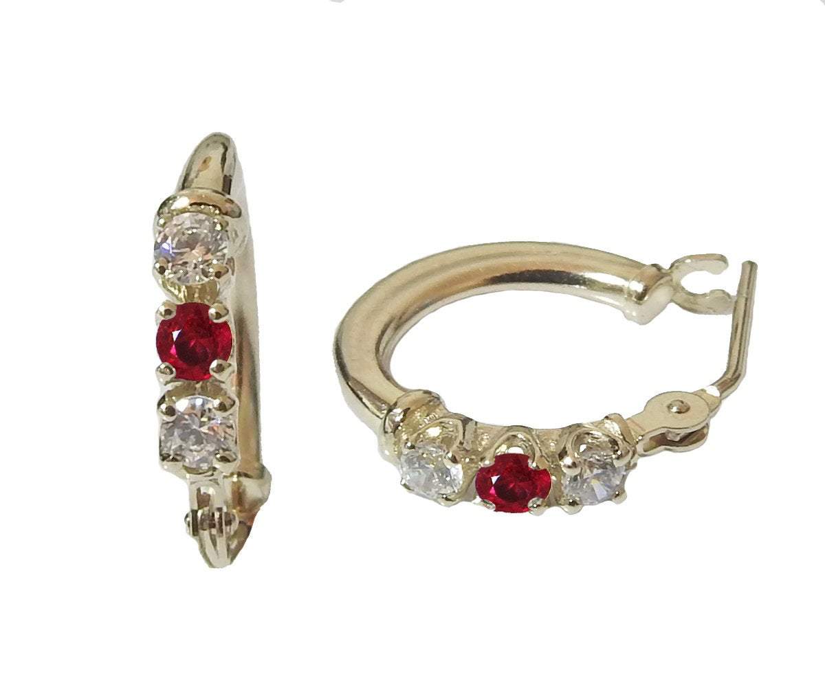 Circle Earrings, Small Hoop Earrings, Red Hoop Earrings, Gold Hoop Earrings, Genuine Ruby Earrings, Natural White Sapphires,