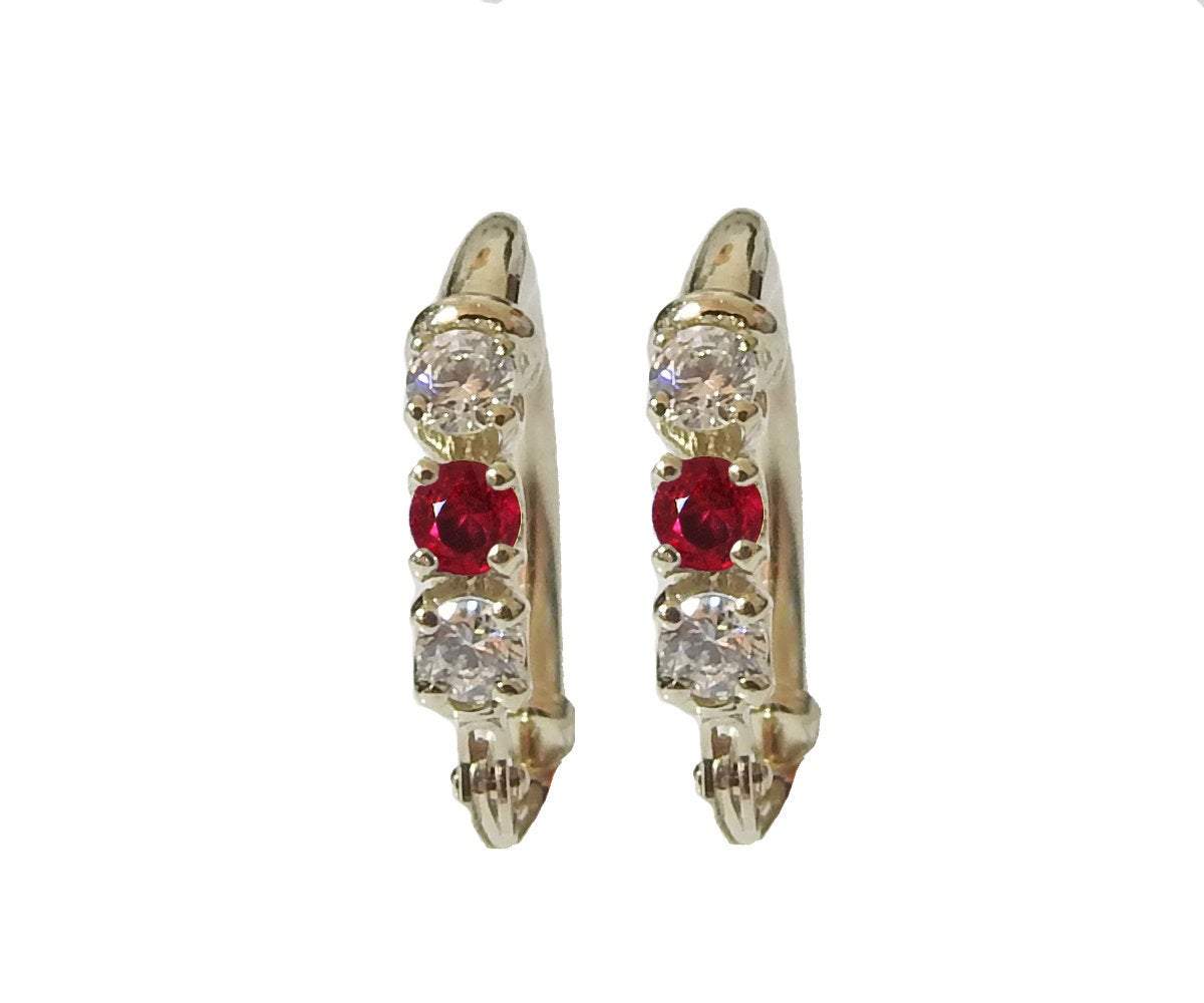 Circle Earrings, Small Hoop Earrings, Red Hoop Earrings, Gold Hoop Earrings, Genuine Ruby Earrings, Natural White Sapphires,