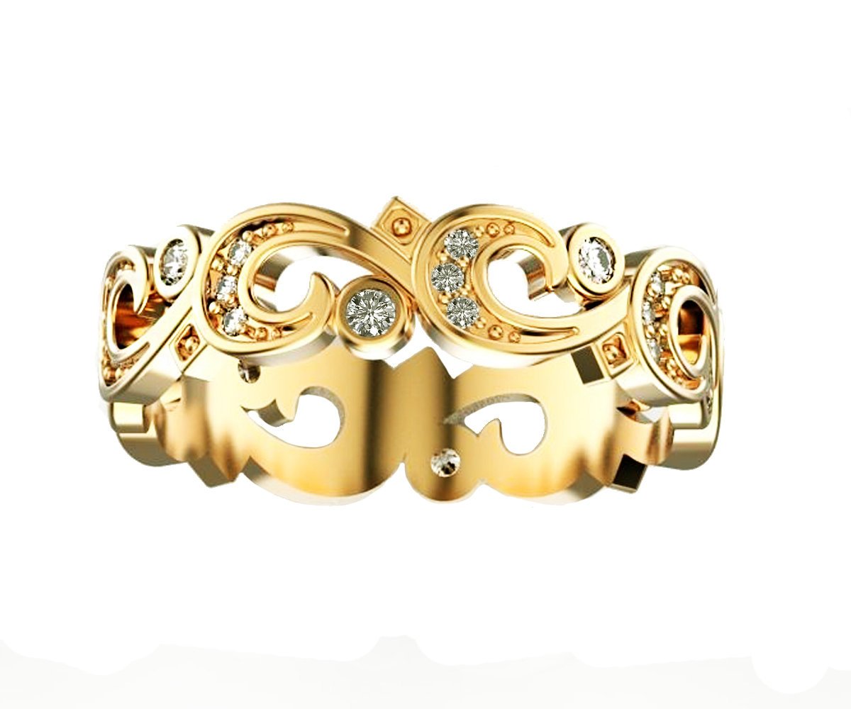 Plumeria Ring Filigree Leaf Floral Band Ring Birthday Gift Wedding Ring Diamond Band Milgrain Yellow gold Ring Flower Band Ring 32 Accents - Lianne Jewelry