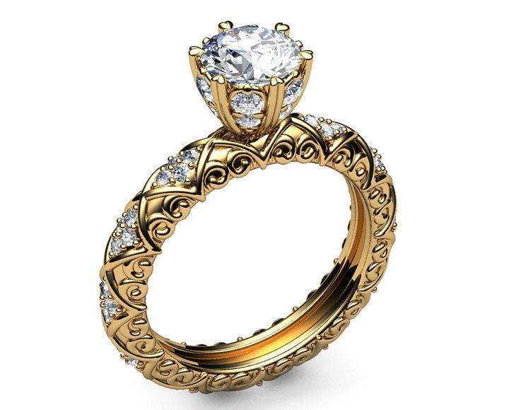 Unique Milgrain Engagement ring 18K Gold Ring Vintage Ring 6 double prongs in high setting - Lianne Jewelry