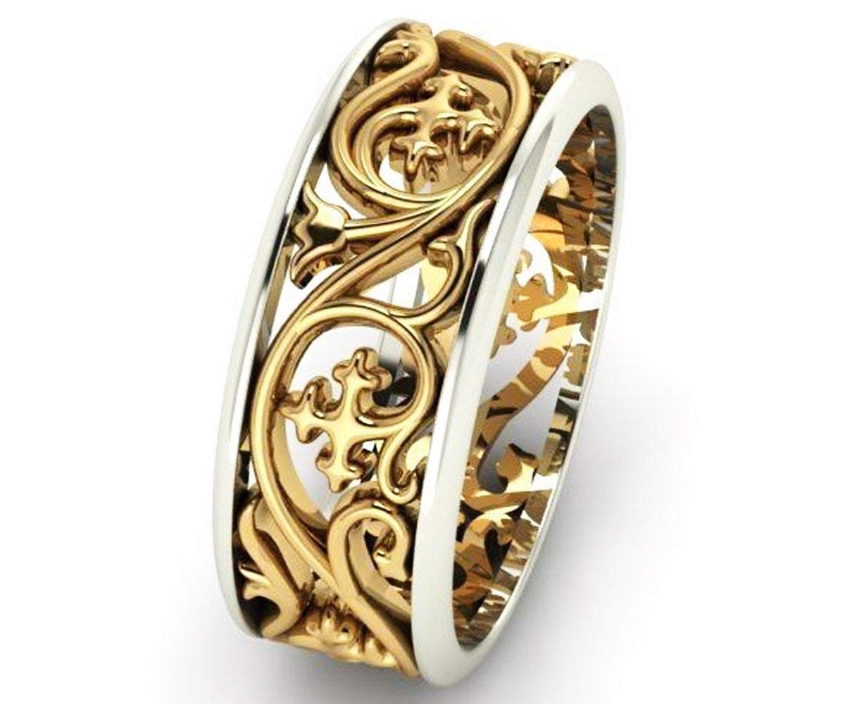 2 Tone Filigree Engagement Ring, Ornament Ring unique wedding band Engraved Ring Flower Band Leaf 18K Yellow and White Gold