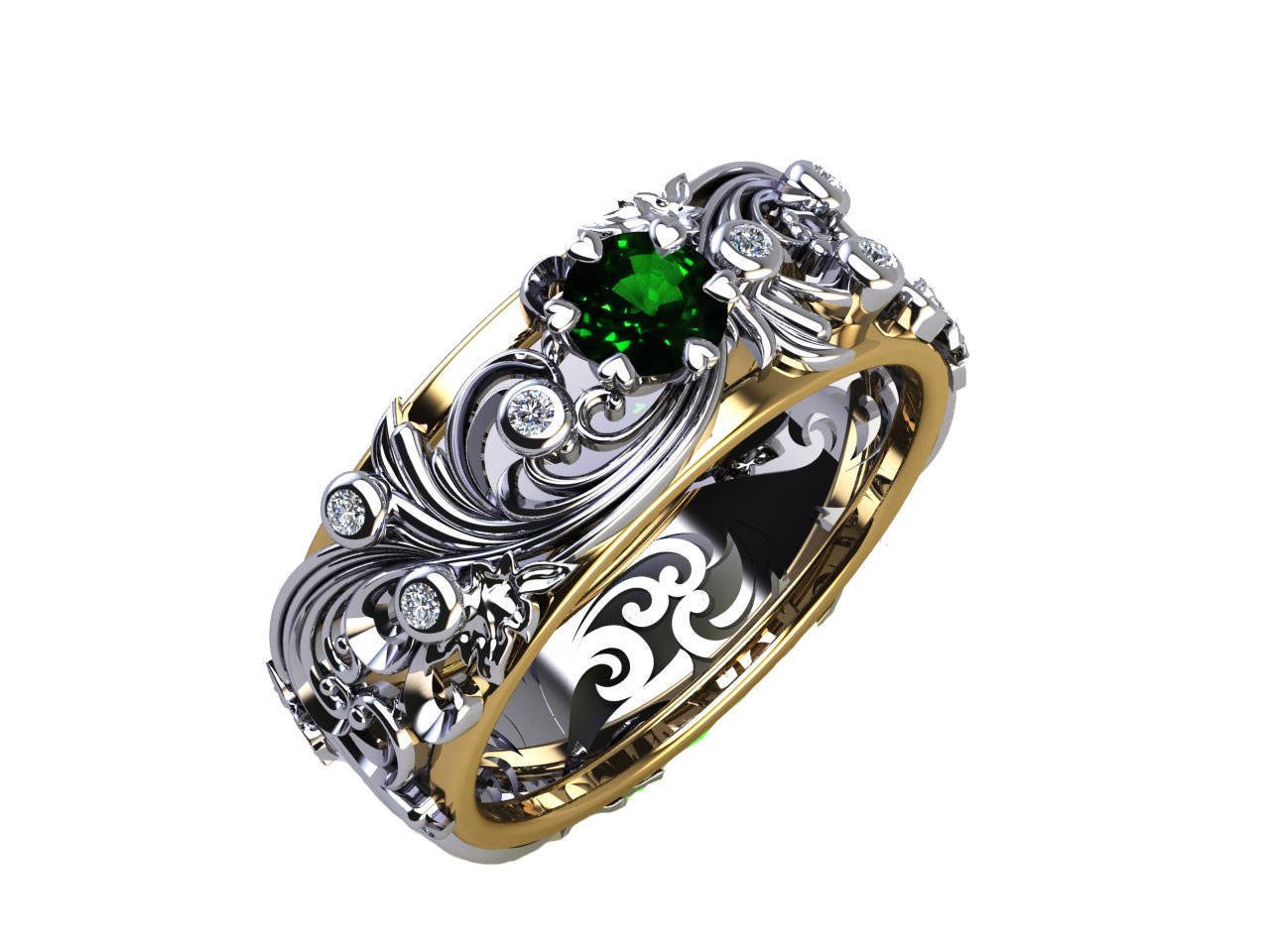 Emerald Ring Flower band Leaf Ring Wedding Band White Gold Leaf Wedding Band Engraved Band Ring Green Wedding Band Flower Wedding Band