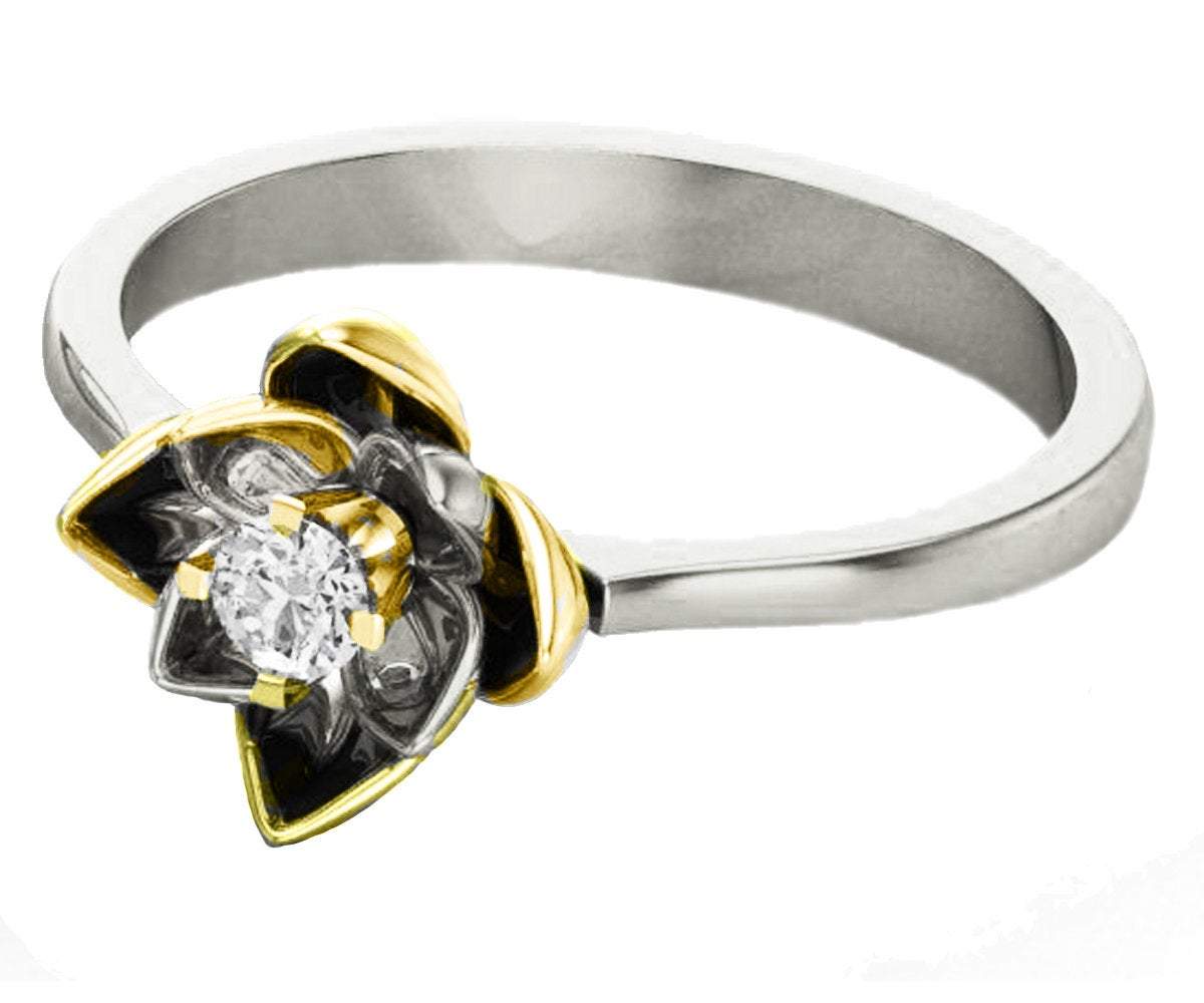18K Lotus Flower Engagement Ring, Diamond Leaves Ring, 2 tone Gold Ring
