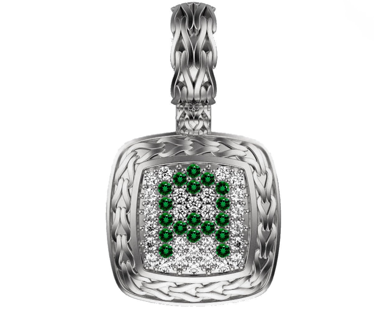14K Diamond Letter A Emerald Pave-set Cushion Shape Personalized Pendant White gold Anniversary Gift