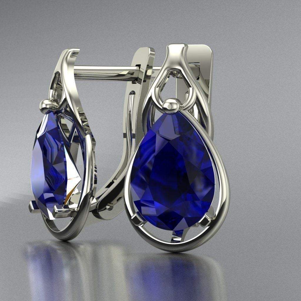 Blue Sapphire Leverback Earrings Pear Shape Sapphires Avant Garde Anniversary Earrings White Gold Earrings Art Nouveau Earrings in 14K 18K